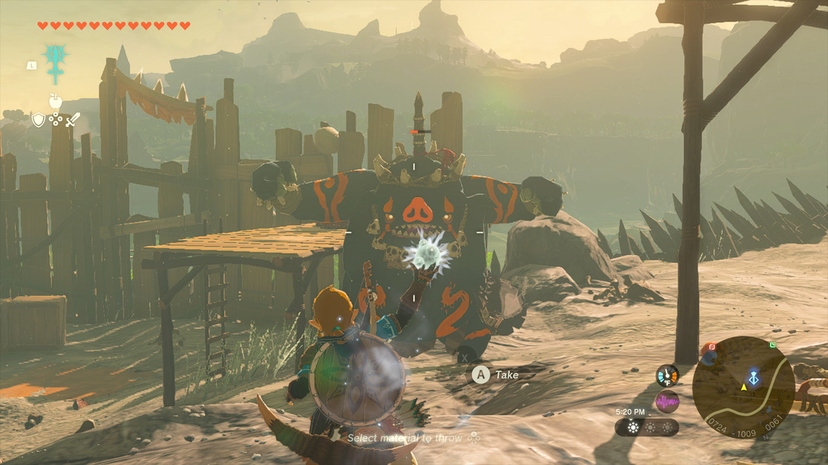 Link lancia una goccia di gelatina Chuchu bianca contro un Hinox in The Legend of Zelda: Tears of the Kingdom