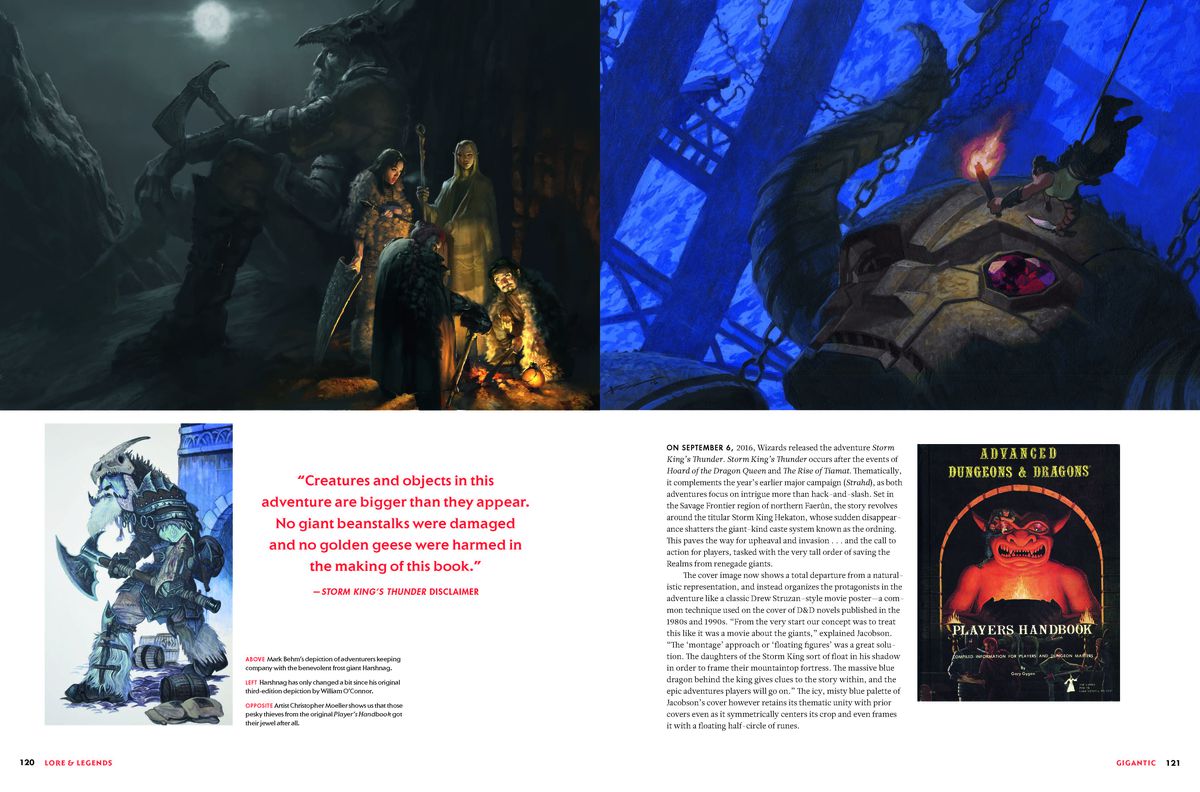 Da Lore & Legends, uno spread di due pagine che mostra un gigante con una festa di D&D, più un avventuriero con una corda che scende in cima a una statua per rubare l'occhio ingioiellato.  Un riquadro mostra il Manuale del giocatore di AD&D.