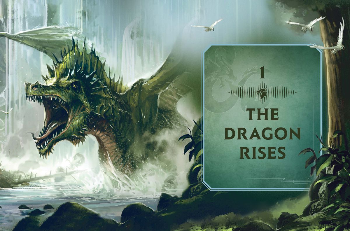 Una pagina del titolo del capitolo per Lore & Legends, capitolo 1 il drago si alza, che mostra un drago verde infuriato sotto una cascata.