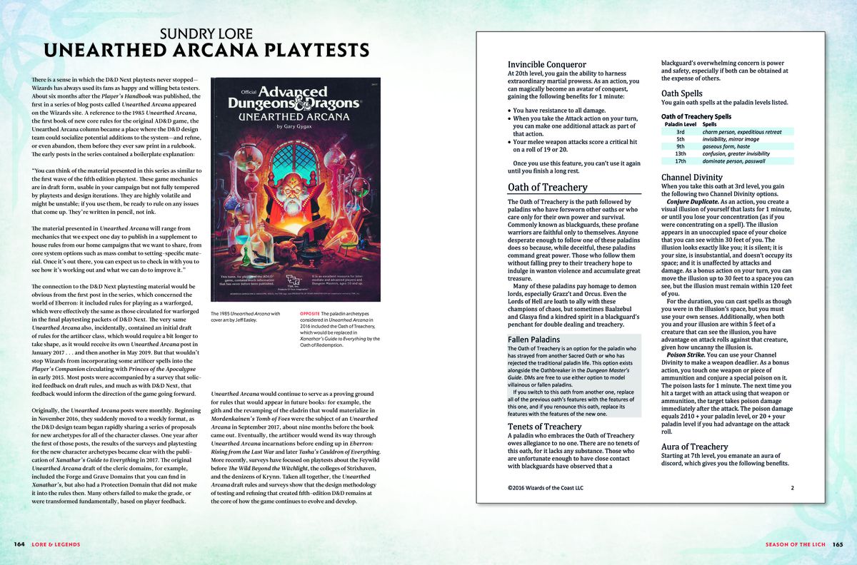 Due pagine di Lore & Legends che parlano degli Arcani Rivelati, i test di gioco che hanno contribuito a perfezionare la quinta edizione di D&D prima e dopo il lancio.