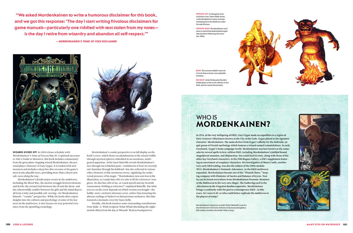 Una diffusione di due pagine da Lore & Legends che parla di Mordenkainen, incluso il suo libro Mordenkainen's Tome of Foes.
