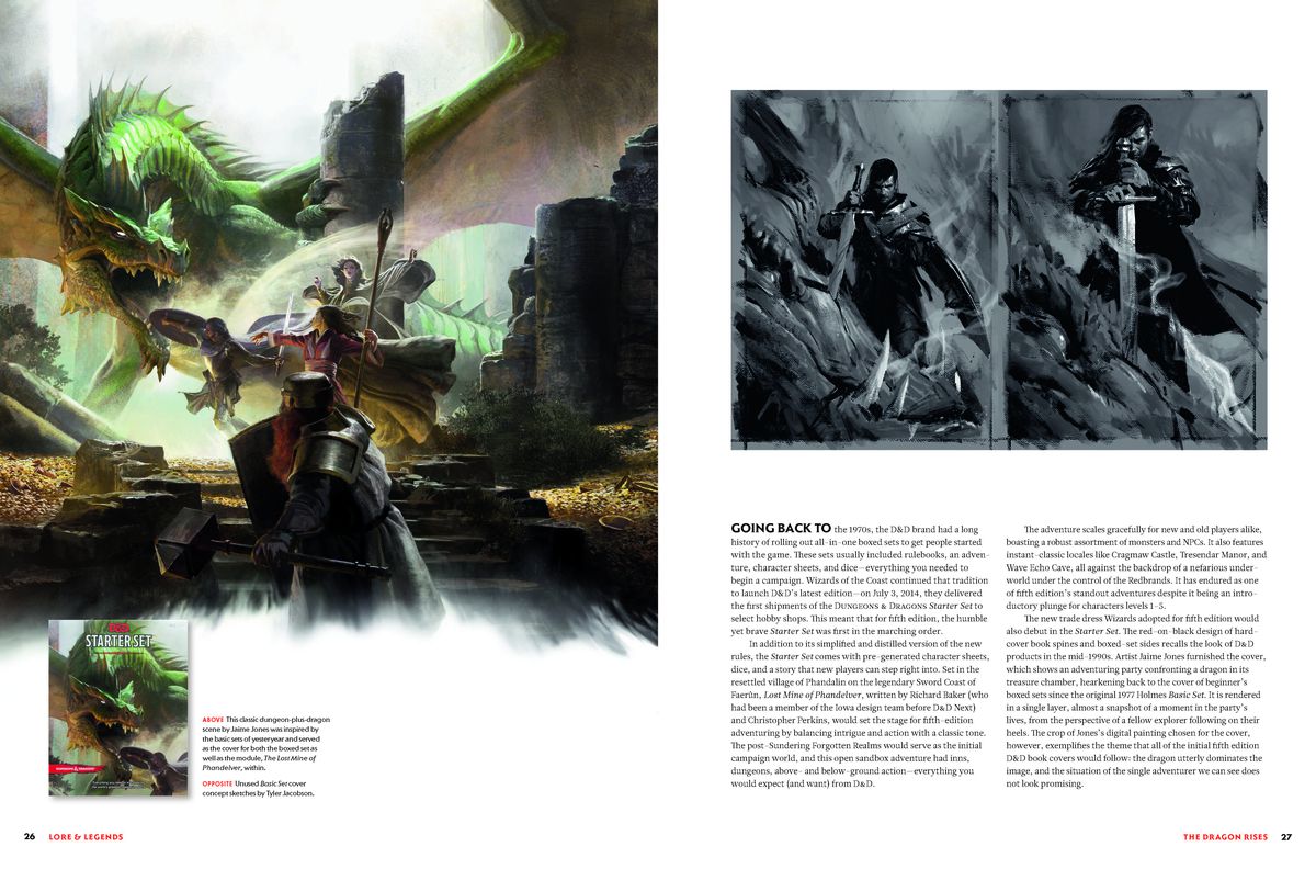 Una piccola serie di pagine tratte da Lore & Legends.  A sinistra, la copertina dello starter set originale della 5a edizione.  A destra, due versioni di un'immagine in bianco e nero di un guerriero che uccide un drago.