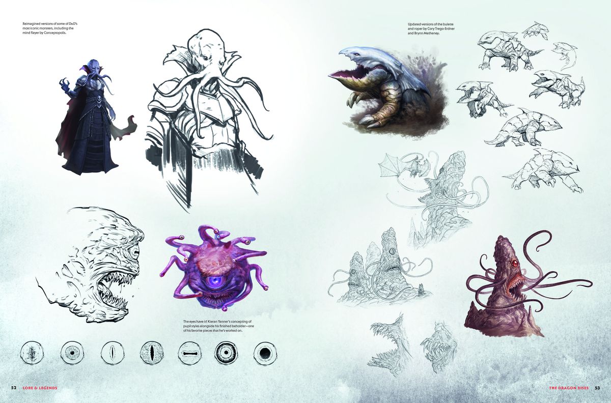 Primi schizzi di un mind flayer, un beholder, un buletter e un mostro tentacolare come mostrato in Lore & Legends.