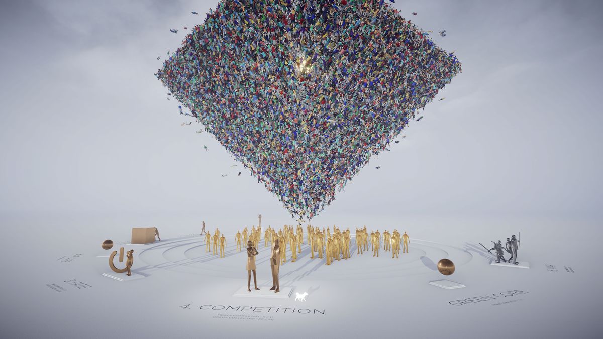 Un gigantesco cubo di corpi umani fluttua sopra statue d'oro in Humanity, la nuova collaborazione PlayStation/PC tra tha e Enhance di Tetsuya Mizuguchi. 