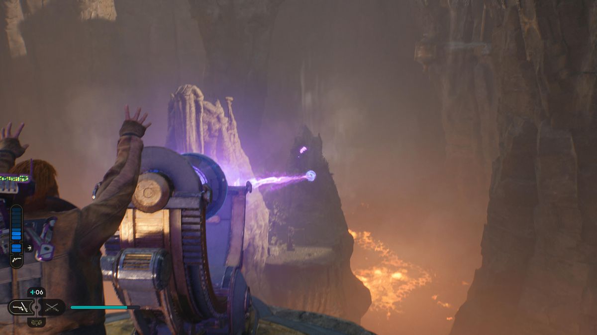 Cal Kestis muove un laser viola su una voragine di lava su Koboh in Star Wars Jedi Survivor.