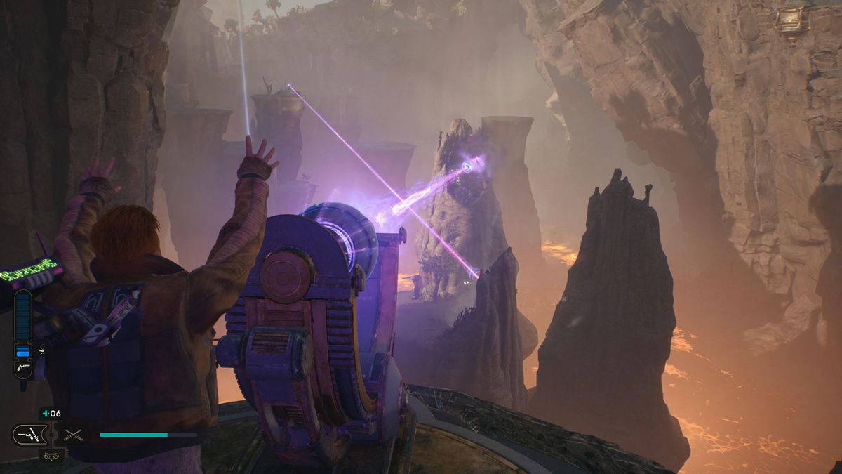 Cal Kestis punta un laser viola contro una roccia viola in Star Wars Jedi Survivor.