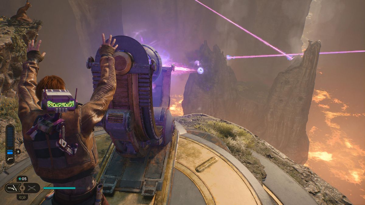 Cal Kestis punta un laser viola su una gigantesca roccia viola in una voragine di lava su Koboh in Star Wars Jedi Survivor.
