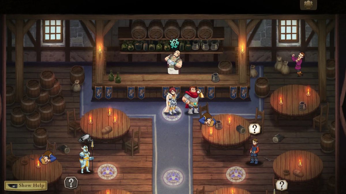 Una scena di una taverna in Might & Magic: Clash of Heroes, con personaggi in piedi intorno