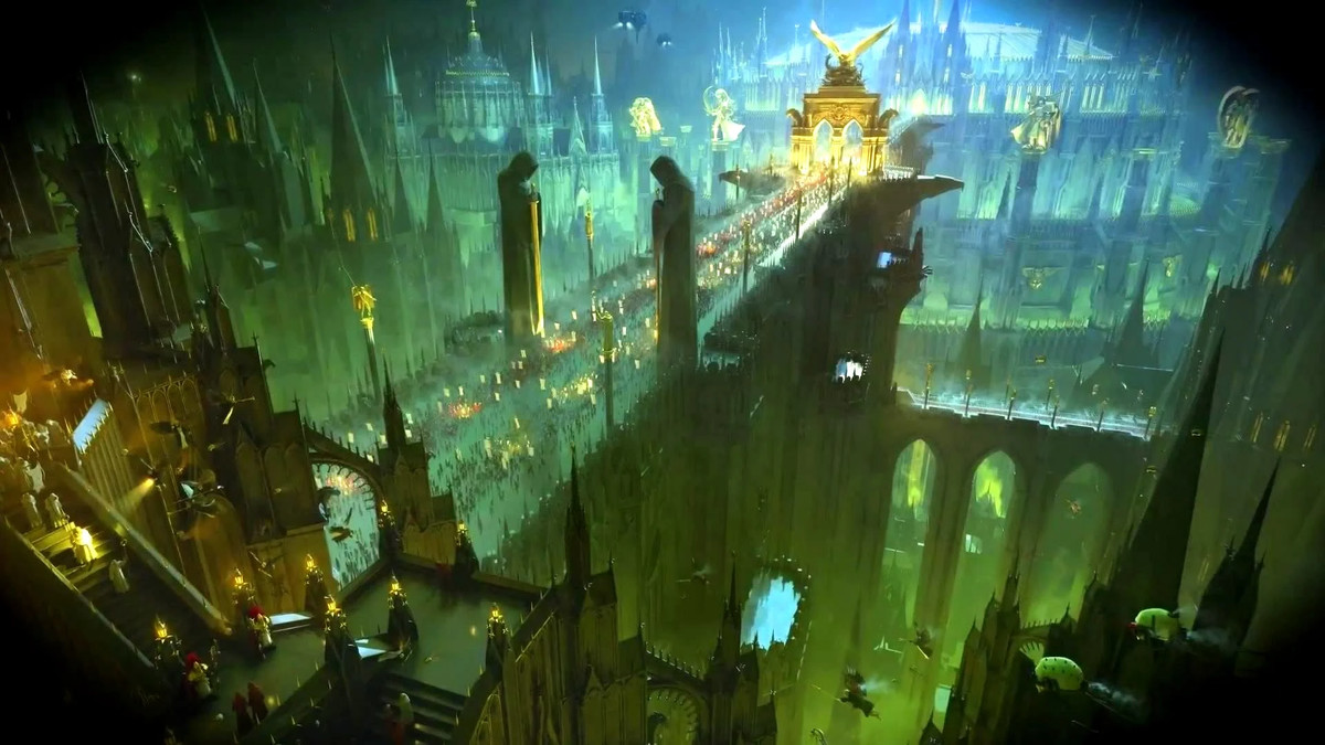 Immagine: il grande mondo del trono di Terra, la versione della Terra di Warhammer 40K.  In una città alveare che contiene miliardi e miliardi di persone, milioni di pellegrini marciano lungo un ponte enormemente alto.  Il ponte si estende fino al resto dell'alveare, un luogo di industria e oscurità.