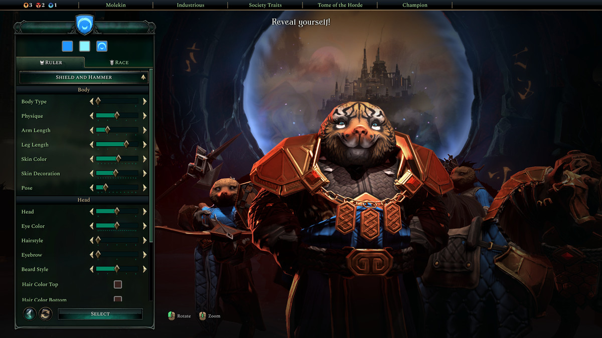 La schermata di creazione della razza in Age of Wonders 4, che mostra le opzioni di personalizzazione per il sovrano della razza delle talpe