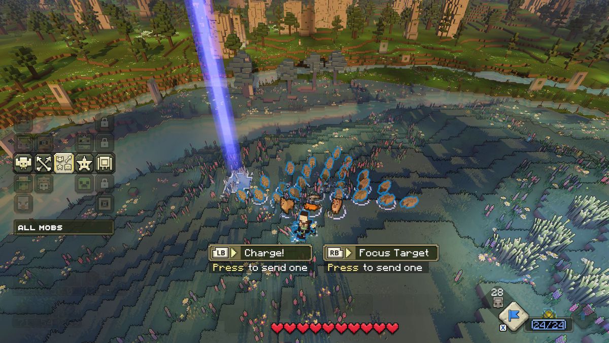 L'eroe entra nella visualizzazione banner in Minecraft Legends, comandando le unità con le opzioni di controllo alternative suggerite di seguito