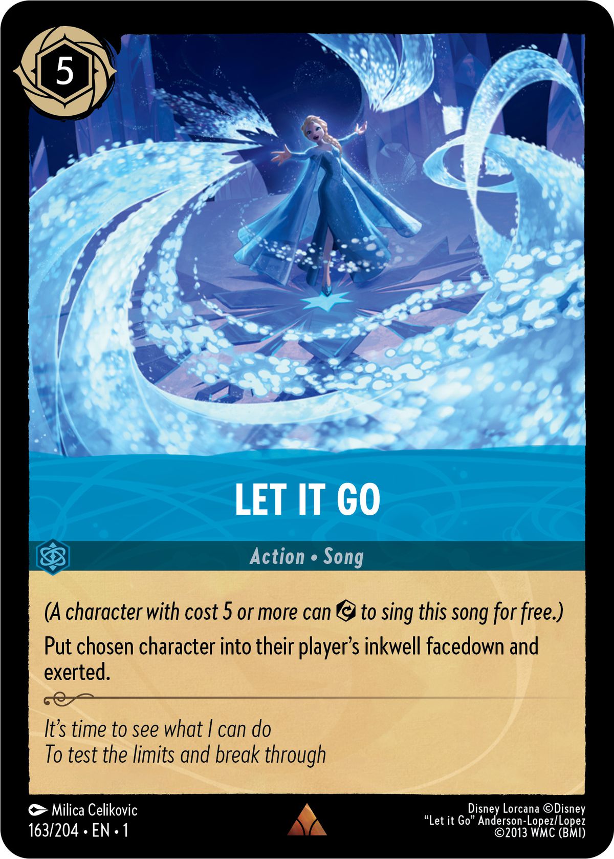Una canzone lascia andare, una carta d'azione di Disney Lorcana, mostra Elsa che canta e diffonde raggi di ghiaccio dalle sue mani.  