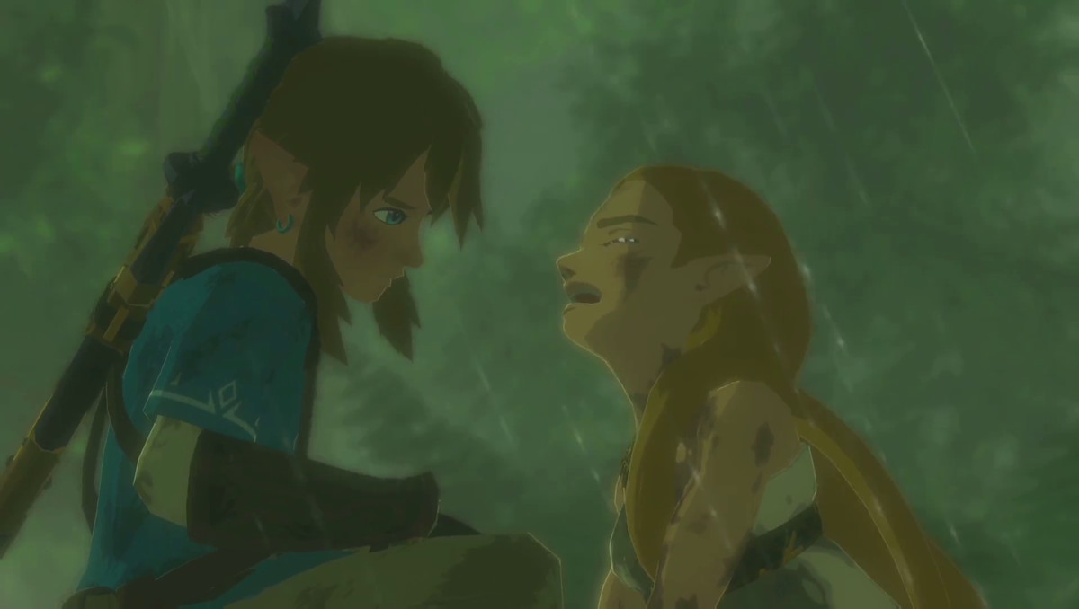 Zelda piange sotto la pioggia mentre Link guarda in The Legend of Zelda: Breath of the Wild
