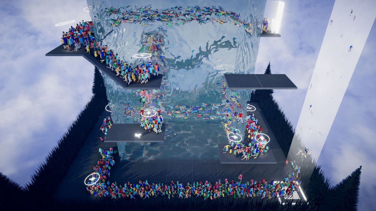 Migliaia di umani salgono una tromba delle scale minimalista e saltano in una colonna d'acqua che sfida la gravità in Humanity, la nuova collaborazione PlayStation/PC tra tha e Enhance di Tetsuya Mizuguchi. 