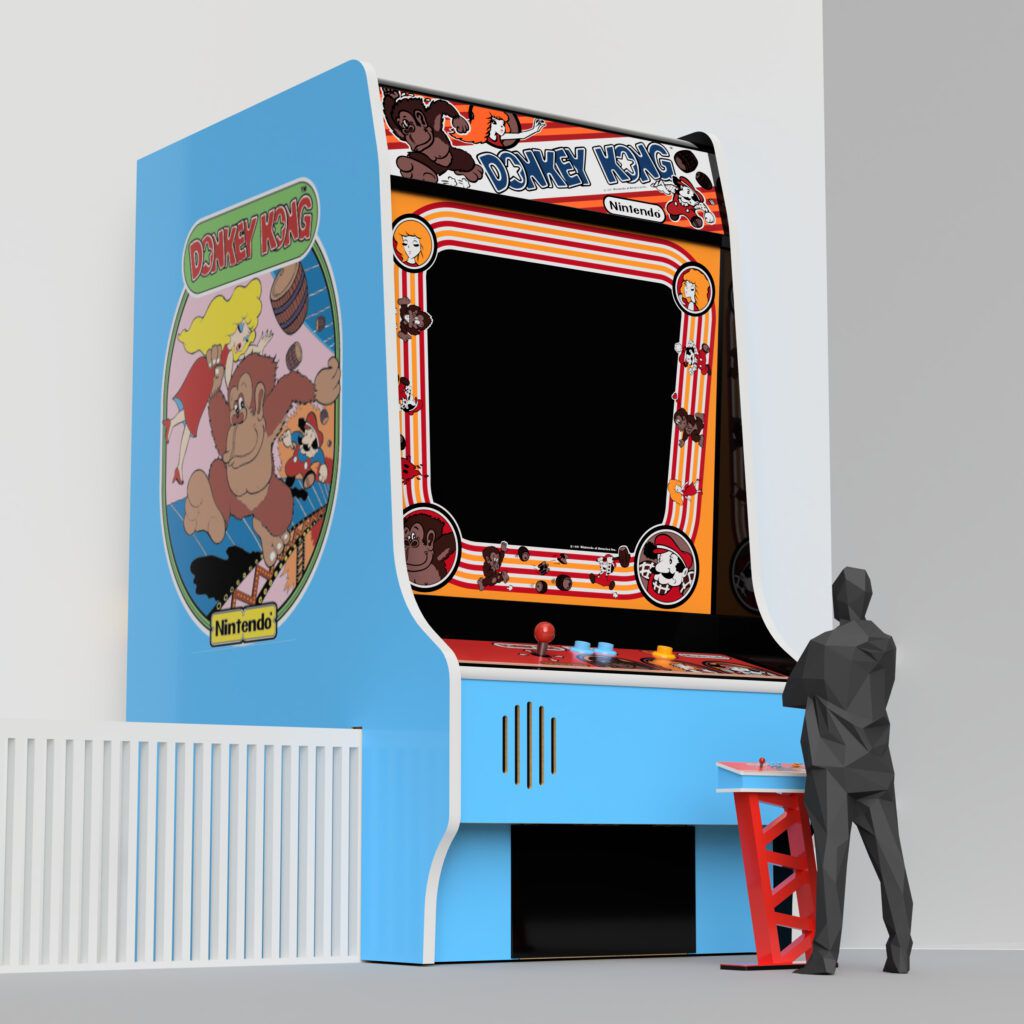 Un rendering di un enorme gioco arcade di Donkey Kong.  È alto circa 20 piedi e sminuisce la resa della persona in piedi di fronte.