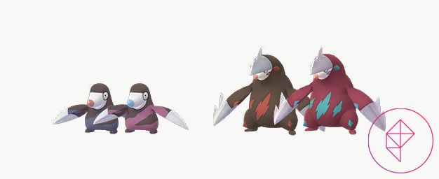 Drilbur ed Excadrill con le loro forme luccicanti in Pokémon Go.  Shiny Drilbur ottiene un naso blu e alcuni segni rossi e Shiny Excadrill diventa rosso e blu.