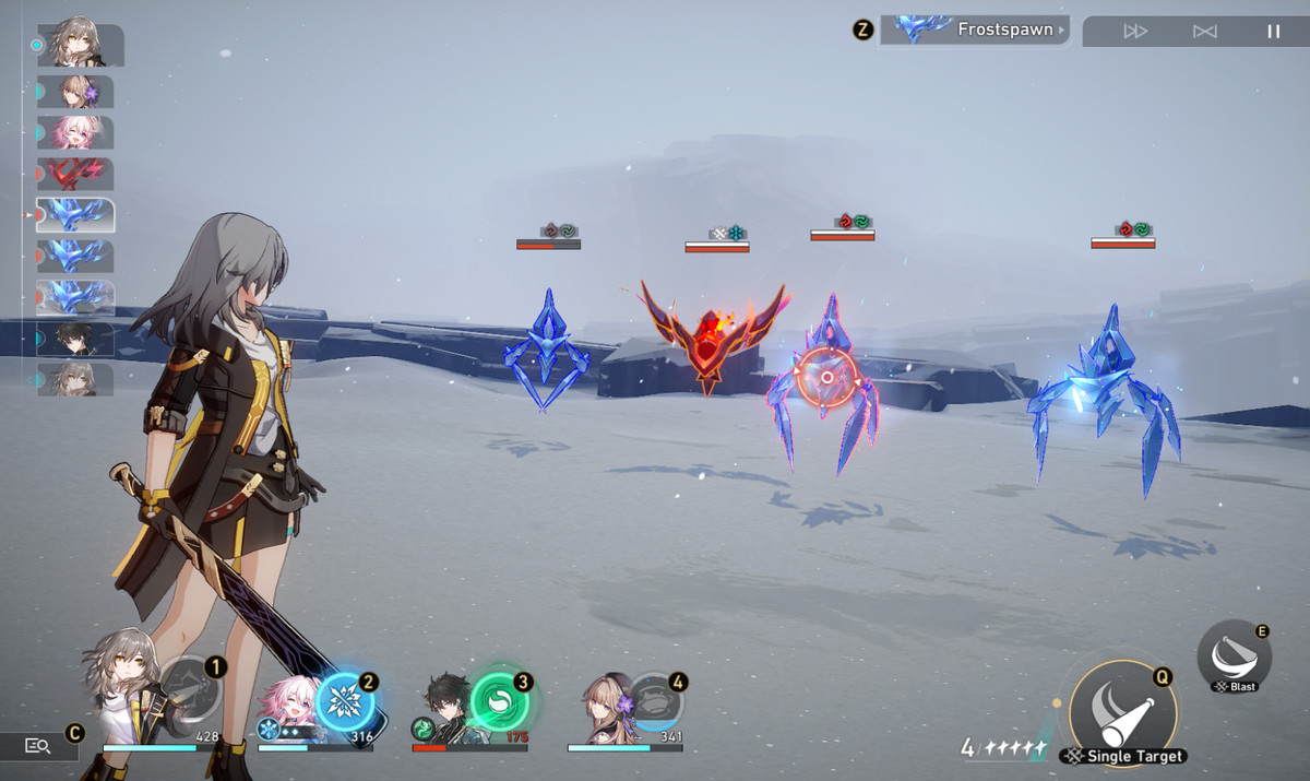 Uno screenshot di un combattimento in Honkai: Star Rail.  Il personaggio principale, il Trailblazer, si trova sul campo di battaglia brandendo una mazza in mano.  Le icone dei suoi quattro compagni di squadra sono in basso. 