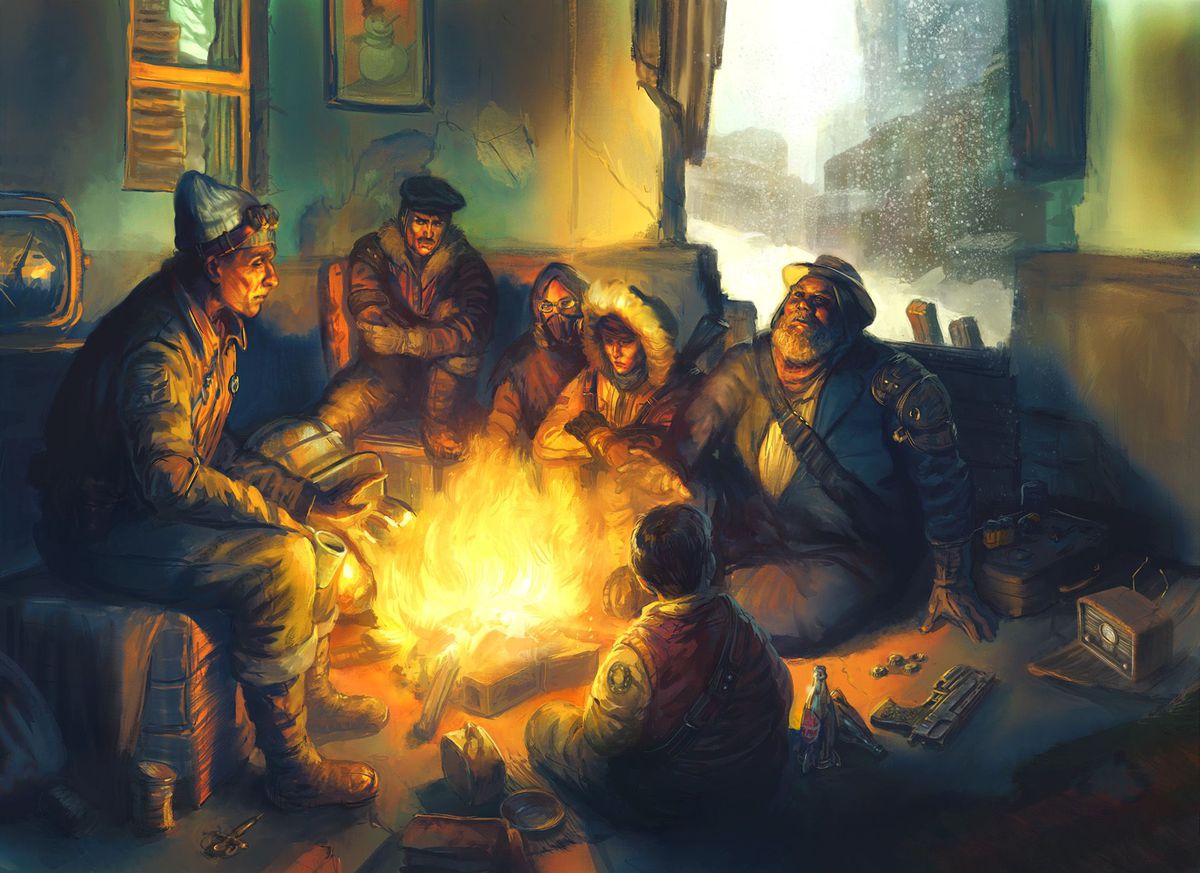 Un gruppo di avventurieri si stringe intorno a un caldo falò nel bel mezzo di un brutale inverno del Commonwealth in arte per The Fallout Roleplaying Game.