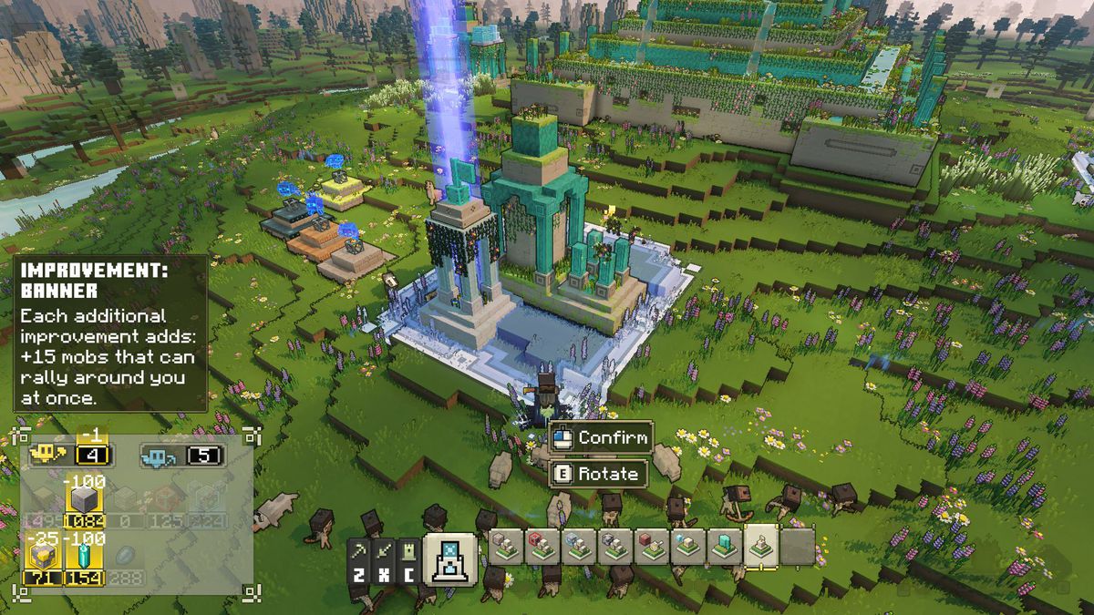 L'eroe posiziona la struttura Miglioramento: Stendardo attorno al Pozzo del destino in Minecraft Legends