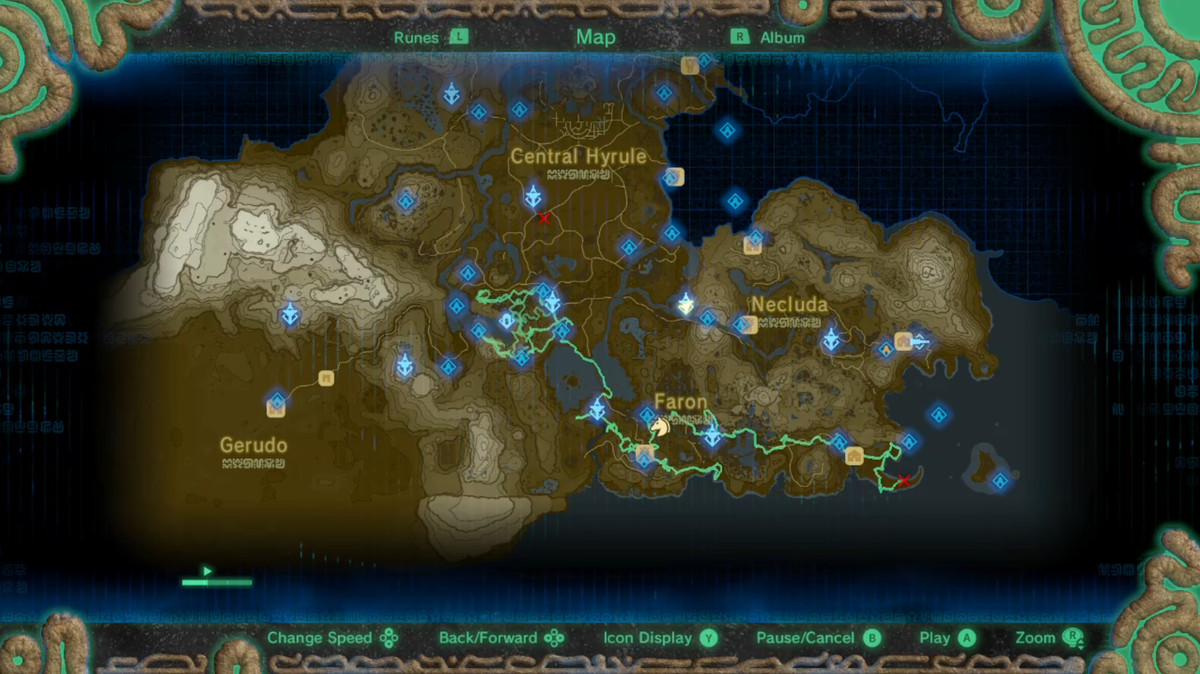 La schermata della mappa di The Legend of Zelda: Breath of the Wild.  La mappa ha un percorso verde brillante tracciato su di essa che segna dove il giocatore aveva esplorato in precedenza.
