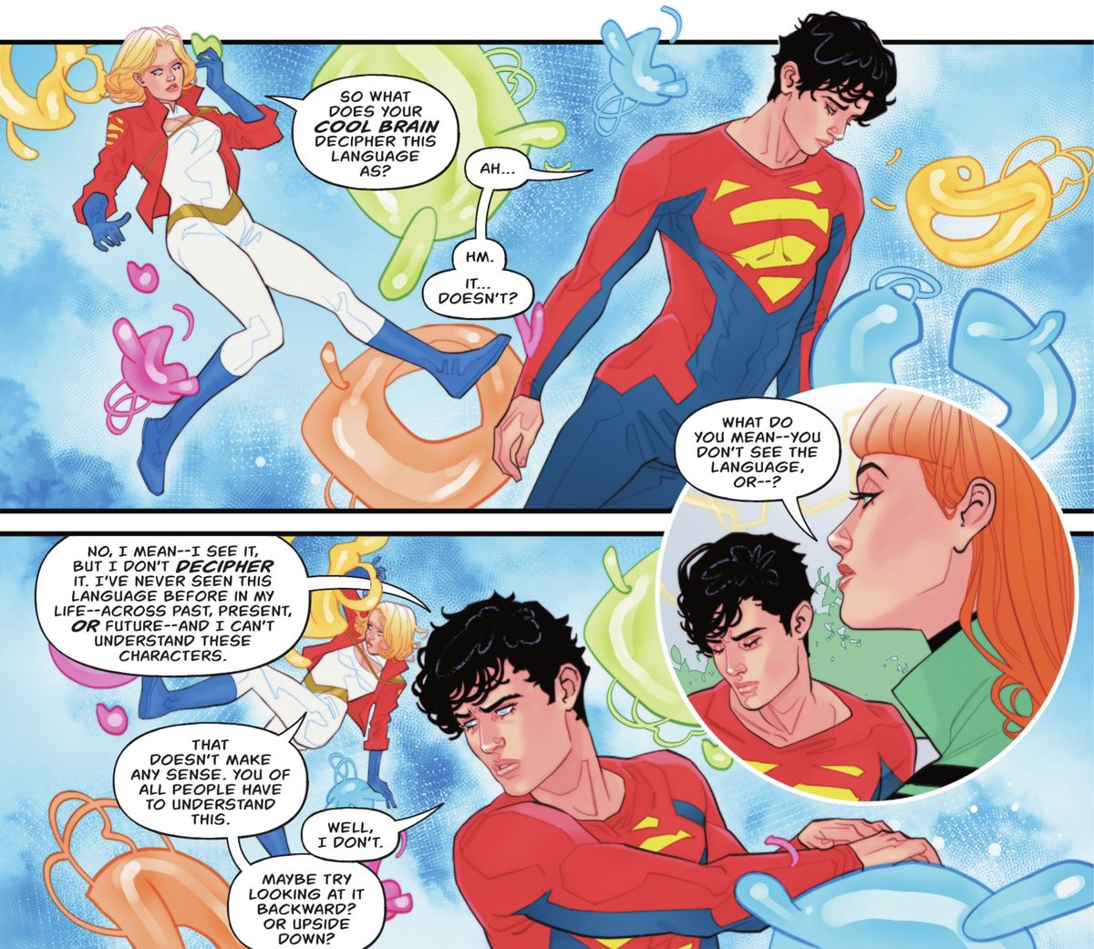 Power Girl e Superman (Jon Kent) fluttuano attraverso una colorata serie di forme 3D che rappresentano un linguaggio nella testa di Jon che in qualche modo non capisce, in Action Comics # 1053 (2023). 