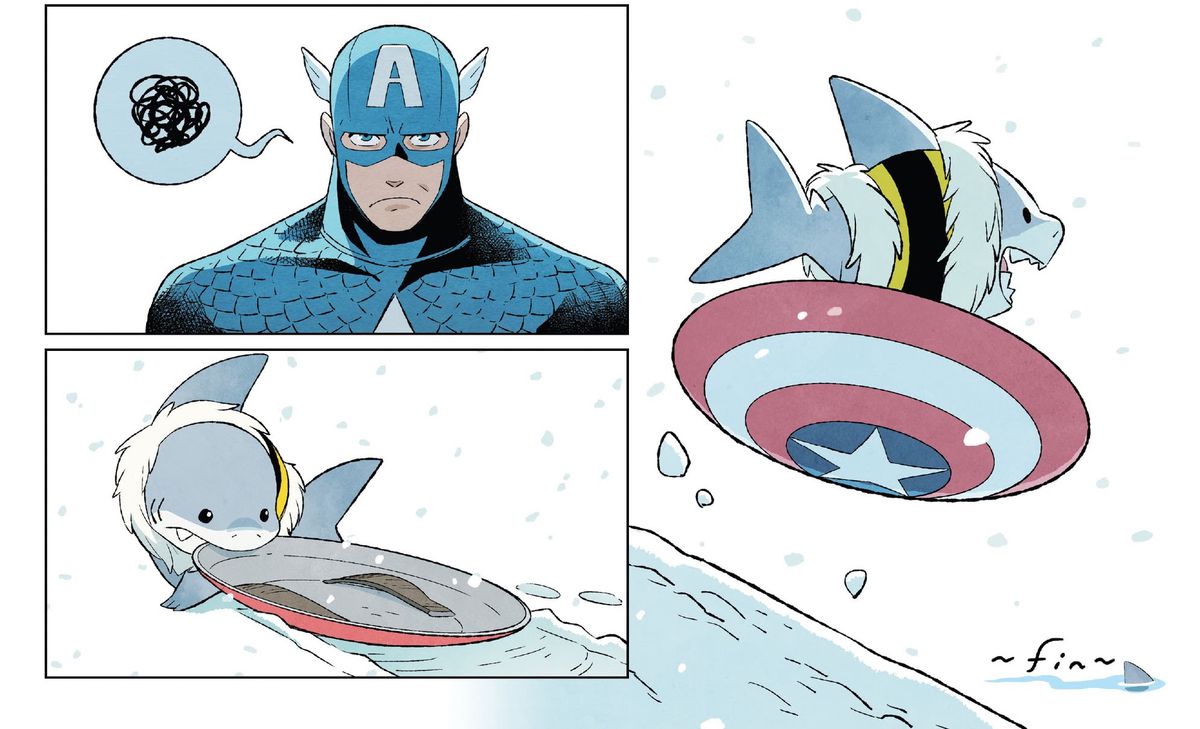 Capitan America guarda in cagnesco mentre Jeff, un adorabile squalo a forma di cucciolo, usa il suo scudo come una slitta molto veloce nello spettacolo in It's Jeff!  # 1 (2023).