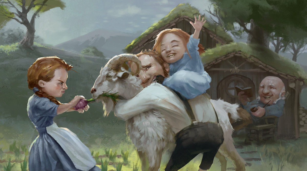 Dungeons & Dragons Mordenkainen's Tome of Foes - un padre halfling lotta con le sue figlie, che stanno litigando per la capra di famiglia.
