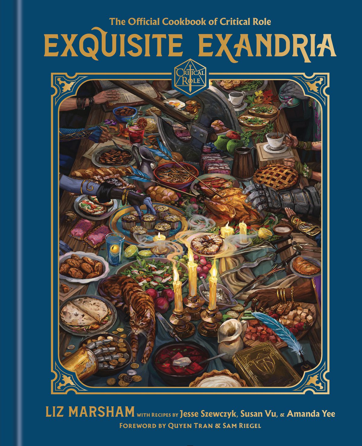 La copertina di Exquisite Exandria mostra il primo piano di una tavola imbandita, ricoperta di torte e piatti di carne.  È una quesadilla?  Chi ha fatto entrare il gatto qui!?  Niente guanti a tavola!