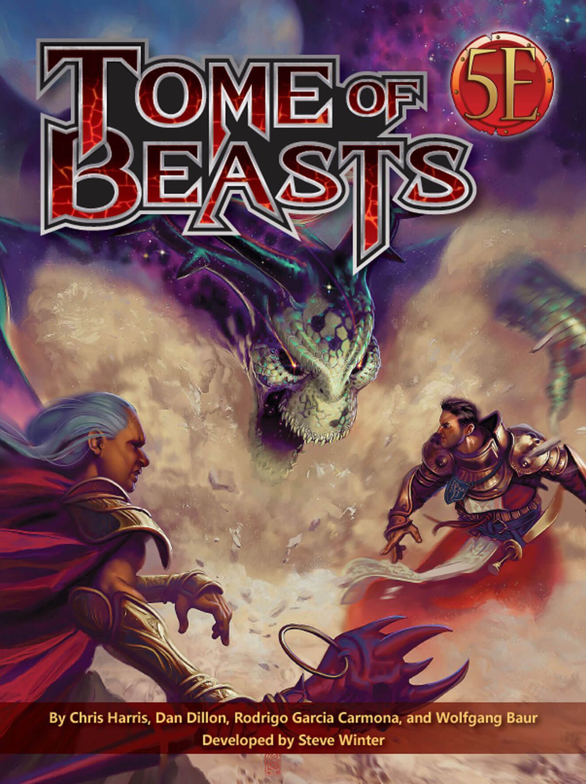 Un mostro scheletrico con le corna tossisce una nuvola polverosa e nociva mentre gli avventurieri si disperdono nella copertina ufficiale di Tome of Beasts.