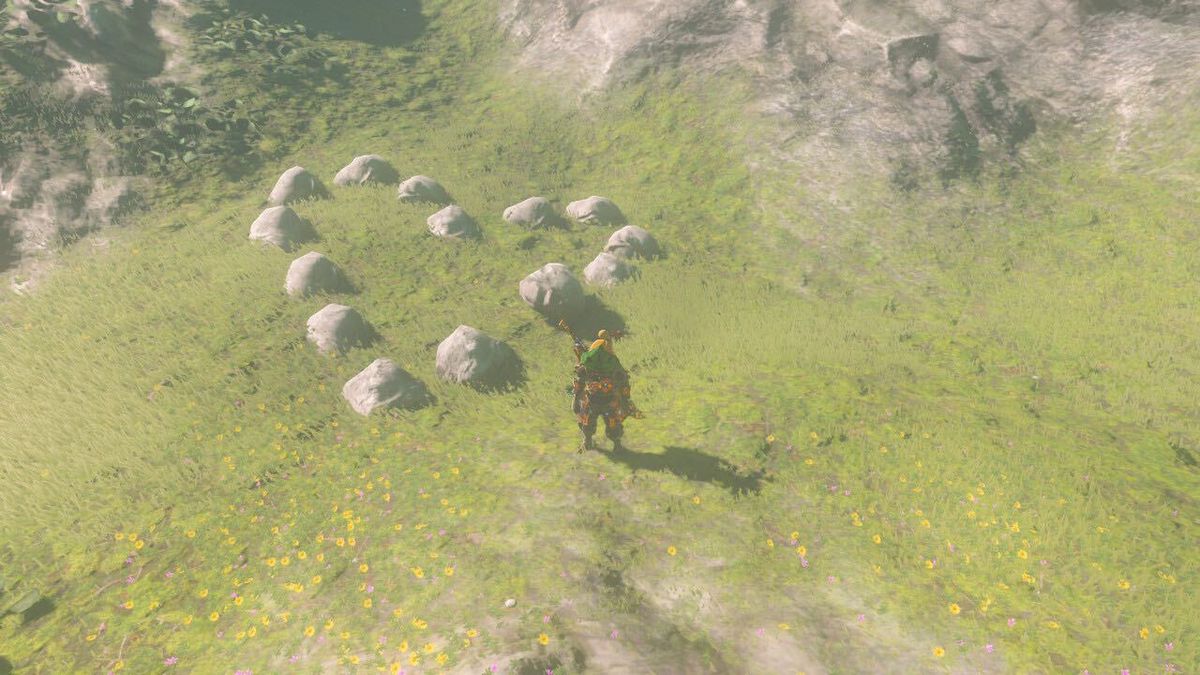 Un'immagine di Link in The Legend of Zelda: Breath of the Wild.  È in piedi davanti a una serie di rocce a forma di cuore.