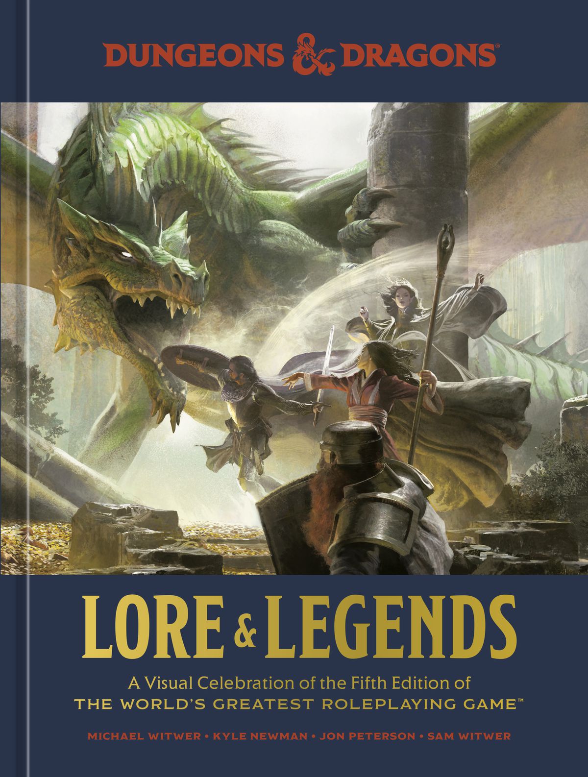 Un rendering a piena risoluzione della copertina di Lore & Legends, che mostra un drago verde che combatte contro un gruppo di avventurieri.  Un nano corazzato è in primo piano, un guerriero umano sullo sfondo e due spallcaster in mezzo.
