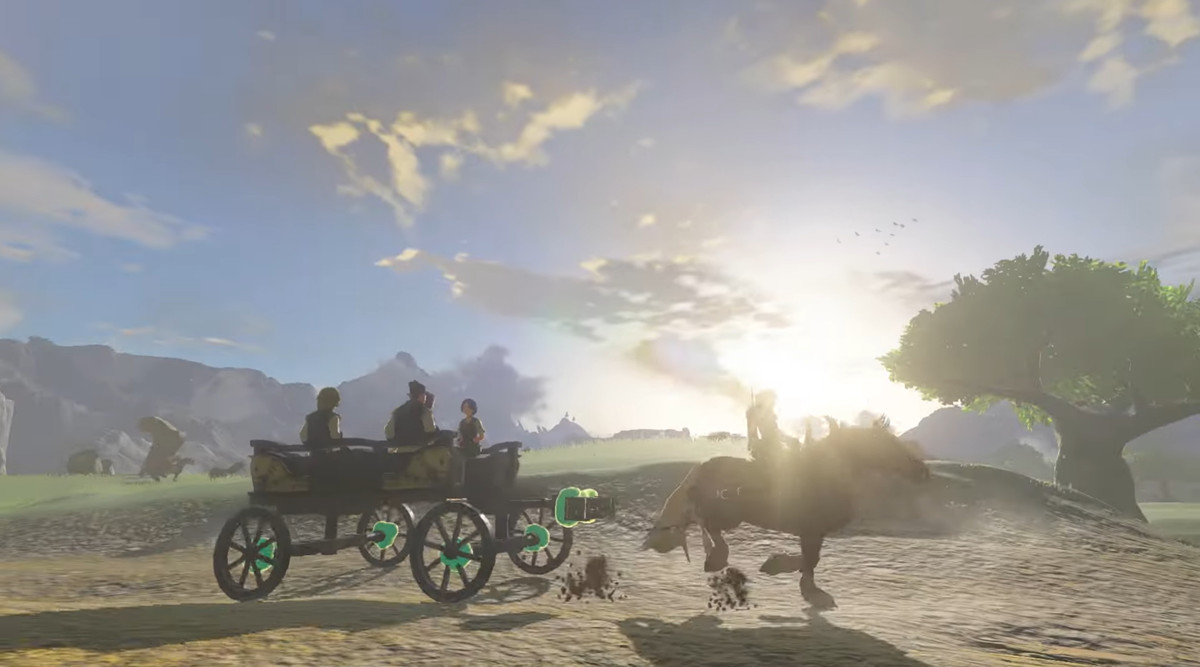 Link e il suo cavallo trainano un carro pieno di persone in Legend of Zelda: Tears of the Kingdom