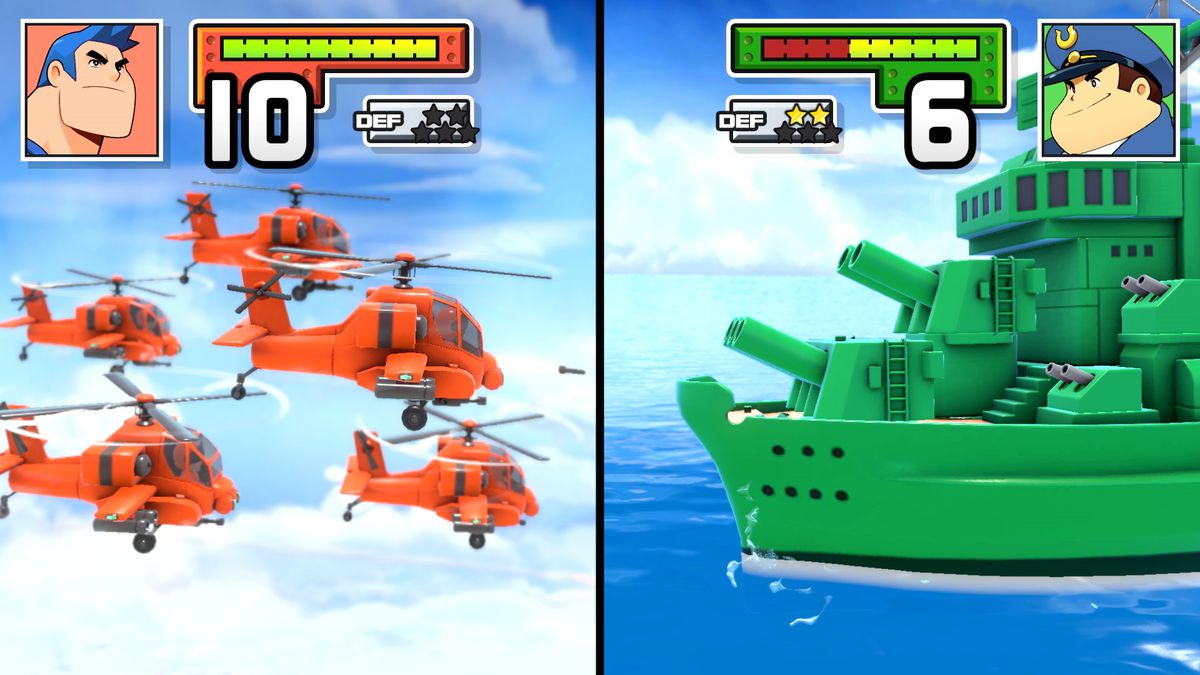CO Max utilizza una flotta di elicotteri Orange Star per attaccare la corazzata di Drake in uno screenshot di Advance Wars 1+2: Re-Boot Camp