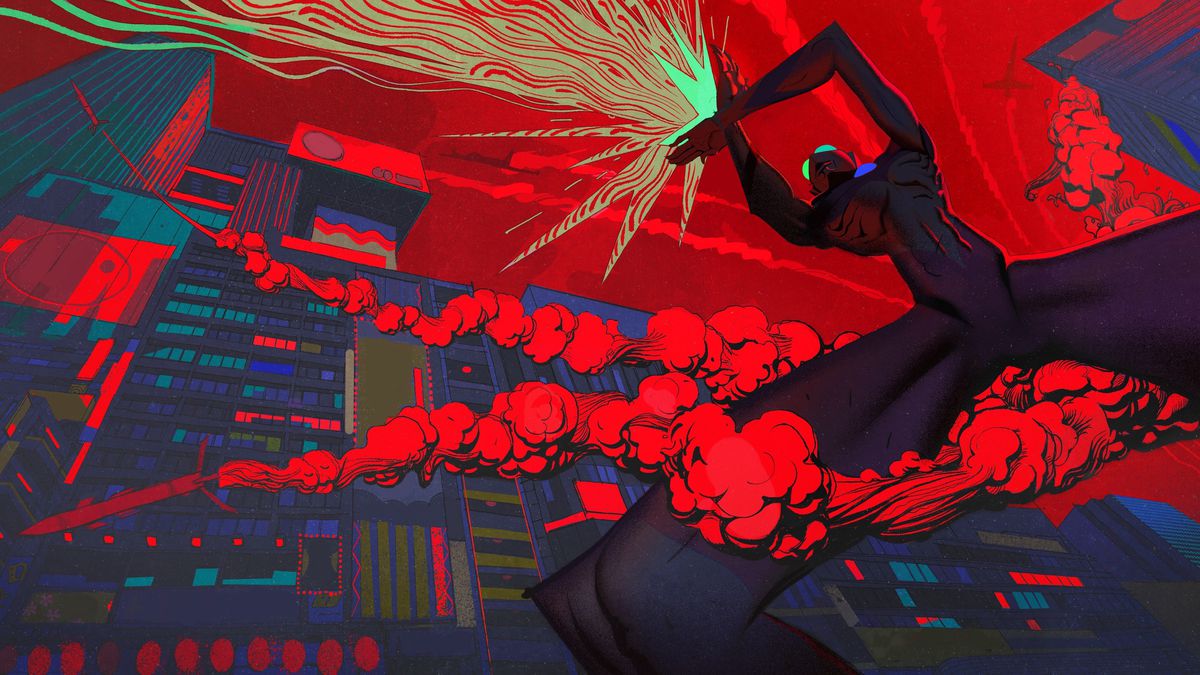 Un'immagine animata selvaggiamente stilizzata di Ultraman di Netflix guarda verso l'alto tra le cosce giganti allargate e distorte dalla prospettiva di un personaggio dalla pelle viola e dagli occhi da insetto che devia un raggio di energia verde brillante, mentre il fumo rosso sangue si gonfia tutt'intorno a loro e al paesaggio urbano che stanno ci stai