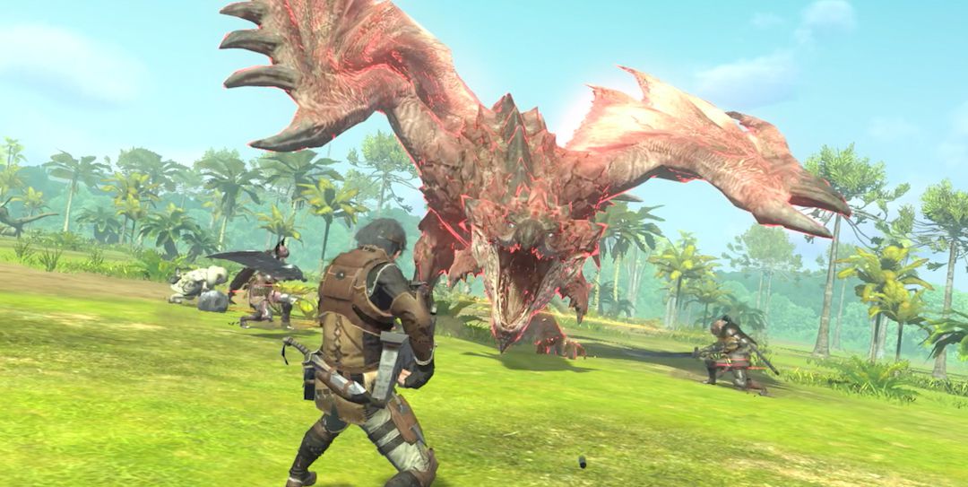 I giocatori umani e un compagno combattono contro un Rathalos in un ambiente tropicale in uno screenshot di Monster Hunter Now