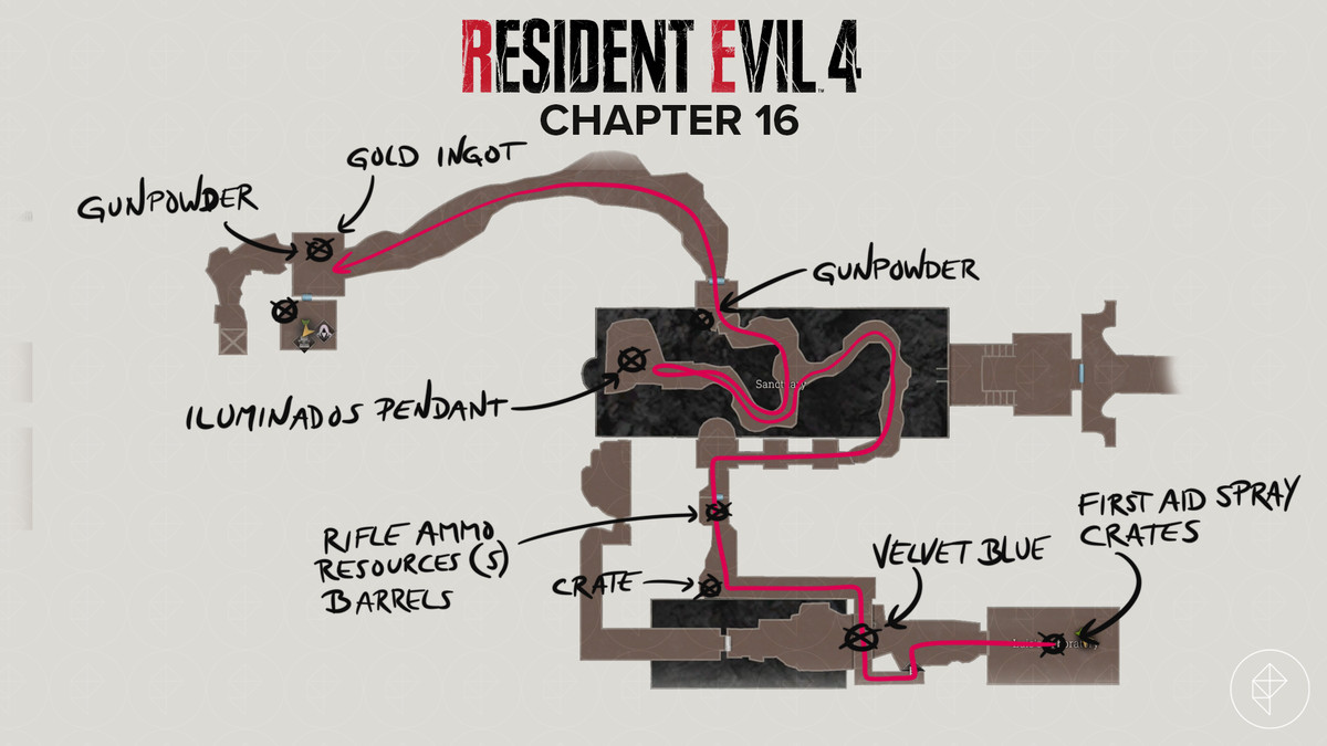 Mappa del remake di Resident Evil 4 dal laboratorio di Luis all'ultima stanza del mercante con un percorso e oggetti contrassegnati.