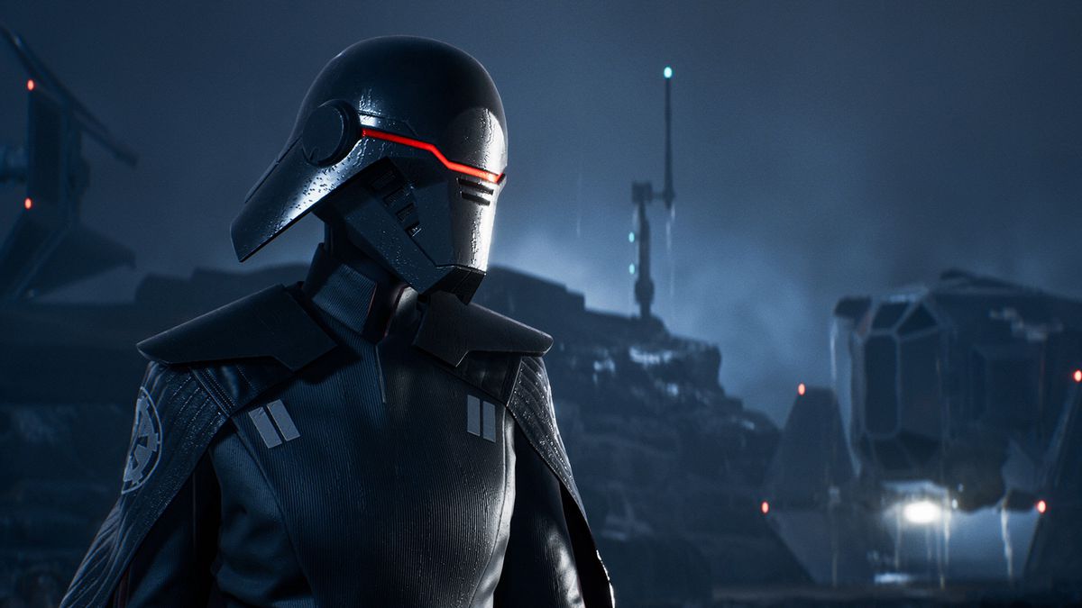 una figura minacciosa con una maschera nera e un'uniforme imperiale guarda a sinistra in Star Wars Jedi: Fallen Order