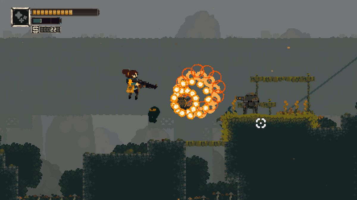 Fern, il personaggio principale di Rusted Moss, evita un'esplosione di proiettili 2D in questo gioco platform 2D.