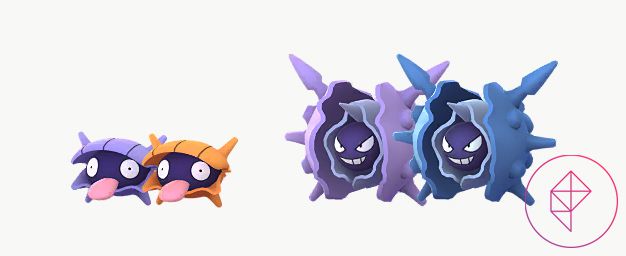 Shiny Shellder e Cloyster in Pokémon Go con le loro forme normali.  Shiny Shellder è arancione e Shiny Cloyster è blu.