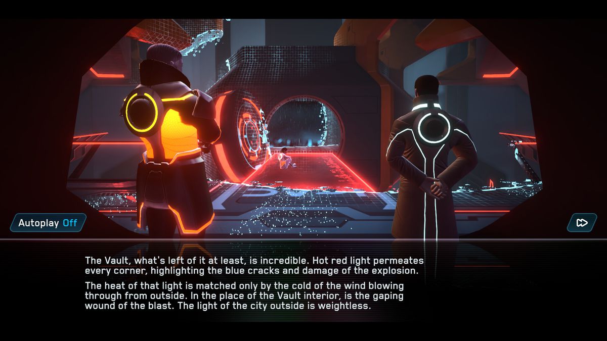 Uno screenshot di Tron: Identity, con un personaggio di nome Griz (a sinistra) e il personaggio del giocatore Query (a destra) in piedi uno accanto all'altro che si affacciano su una scena del crimine.