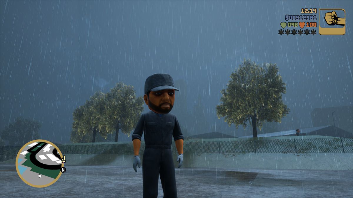 Un personaggio con il trucco Big Head Mode attivato in GTA 3
