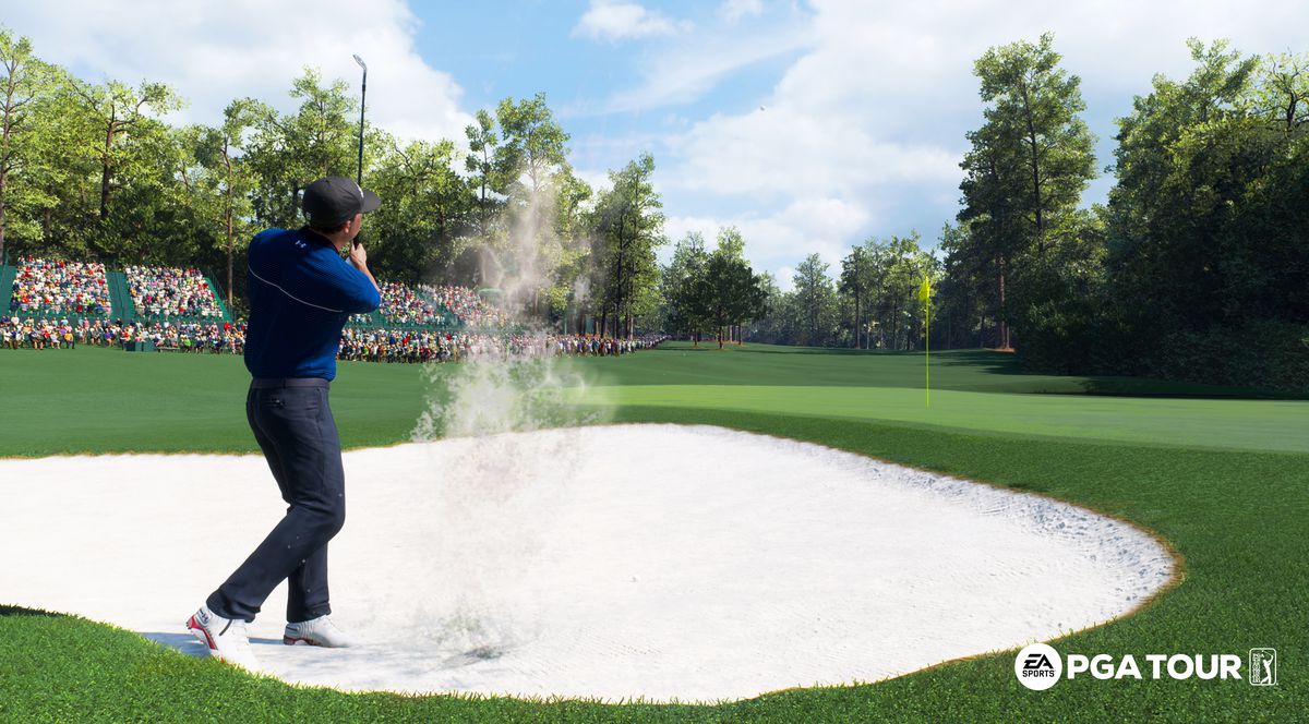 Jordan Spieth, come appare in EA Sports PGA Tour, mentre si sta riprendendo da un bunker all'Augusta National Golf Course