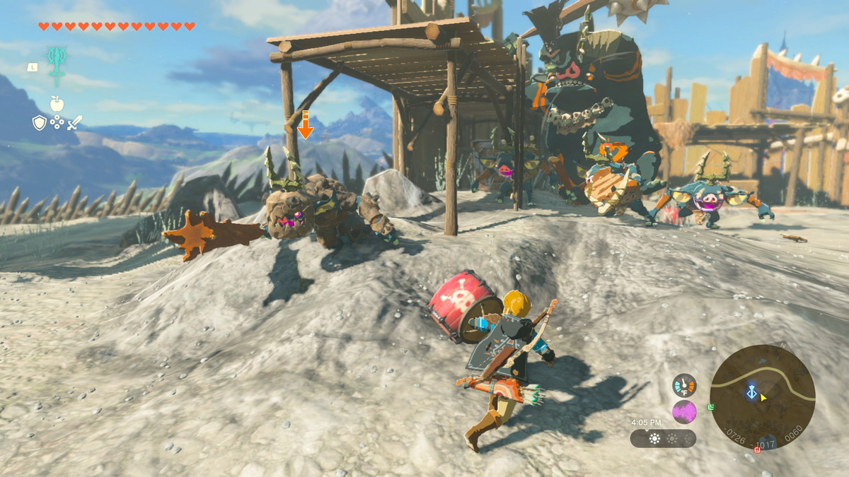Un Bokoblin insegue Link, che ha un barile esplosivo fuso sul suo scudo, in The Legend of Zelda: Tears of the Kingdom