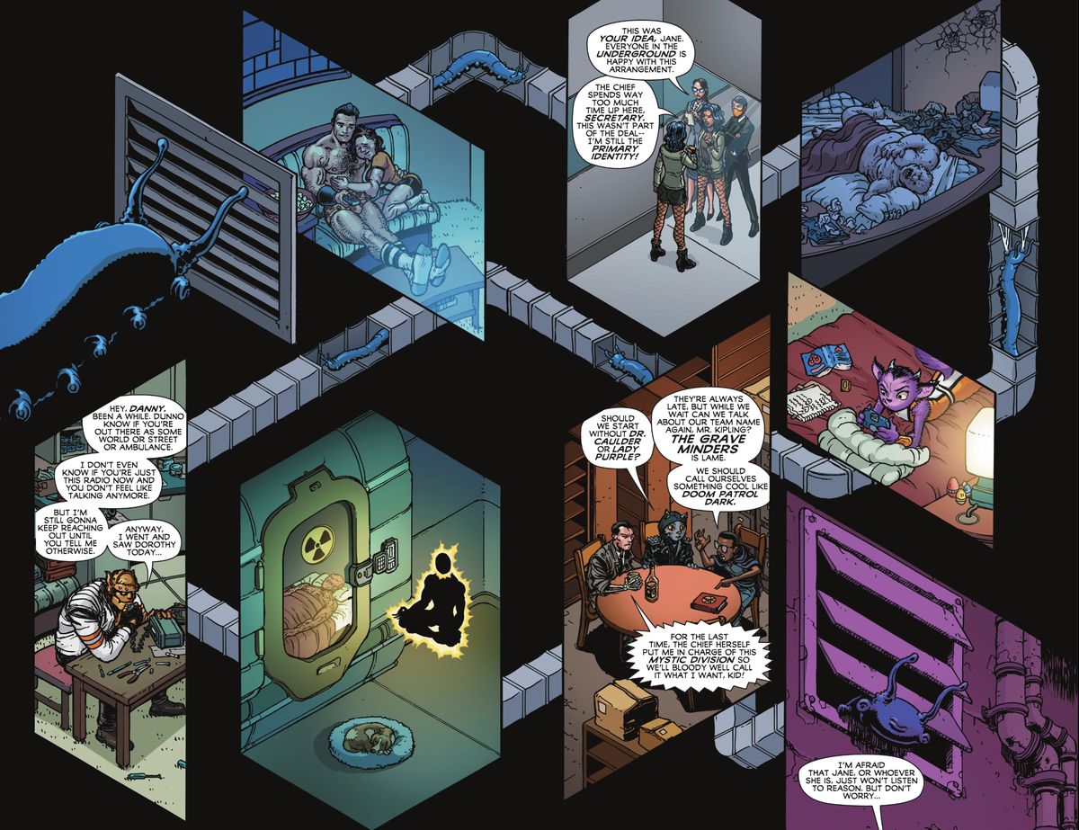 Una serie di sezioni trasversali di stanze nel quartier generale di Doom Patrol, personaggi di tutte le epoche di Doom Patrol si rilassano e si incontrano in Unstoppable Doom Patrol # 1 (2023).