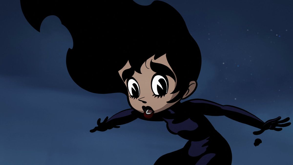 Una donna con grandi occhi, capelli scuri simili a fiamme e una silhouette nera e viola (Melinda/Emma) in Unicorn: Warriors Eternal.
