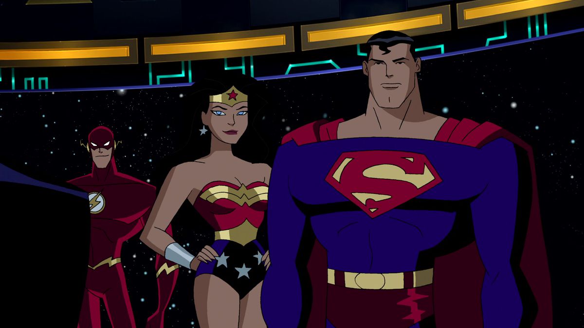 Superman, Wonder Woman e The Flash si trovano sul ponte della Torre di Guardia, con lo spazio dietro di loro, in Justice League Unlimited.