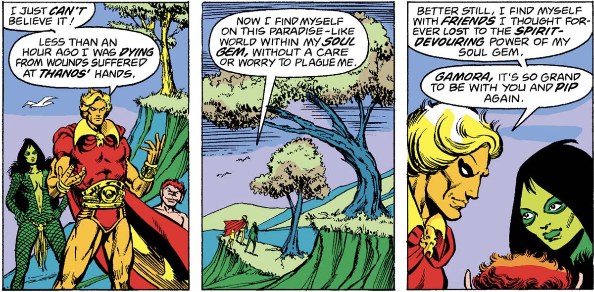 Adam Warlock racconta a Gamora e Pip il troll quanto sia felice di essere stato salvato da Thanos e portato nel mondo pacifico all'interno della gemma dell'anima in Marvel Two-in-One Annual # 2 (1976). 