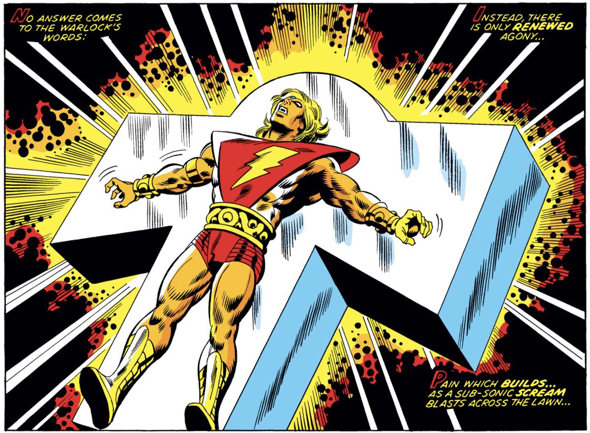 Adam Warlock trema di dolore su una fiammeggiante piattaforma a forma di croce, circondato da energia cosmica in Incredible Hulk # 177 (1974).