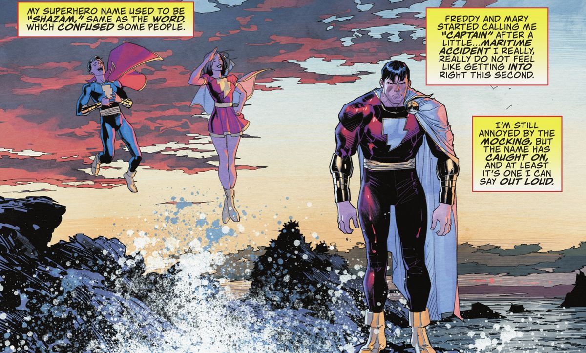 Le identità dei supereroi di Freddy Freeman e Mary Bromfield fluttuano e ridono dell'identità del supereroe di Billy Batson inzuppato in piedi su una spiaggia.  
