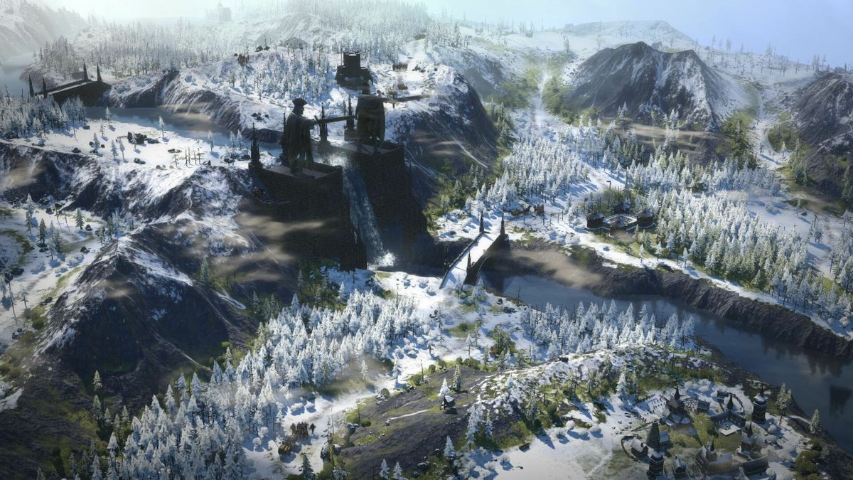 Una vista innevata in Wartales, che mostra alcune delle torri e delle civiltà costruite nelle parti montuose della mappa.
